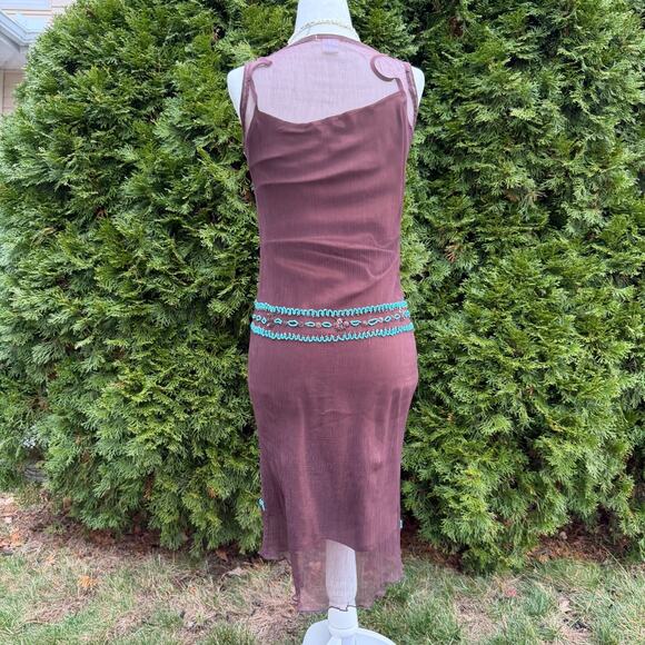 Zoe D. Beaded Dress XS – Sheer Brown Turquoise Hand Beaded Y2K Cocktail Dress - Picture 3 of 6